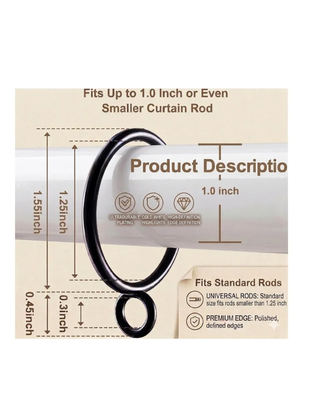 BLACK DRAPERY RINGS Metal Curtain Rings with Eyelet (fits up to 1” rod) 60pc.